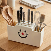 Multipurpose Kitchen Knife Holder & Utensil Organizer – Plastic Storage Caddy with Spoon Holder, Knife Stand & Smiley Design (Countertop Storage Box)