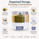 6-Grid Round Food Dispenser | 360° Rotating Food Bucket Transparent Rice Storage Container