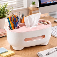 Multi-Functional Tissue Box Cover & Desktop Stationery Organizer – Pink & White