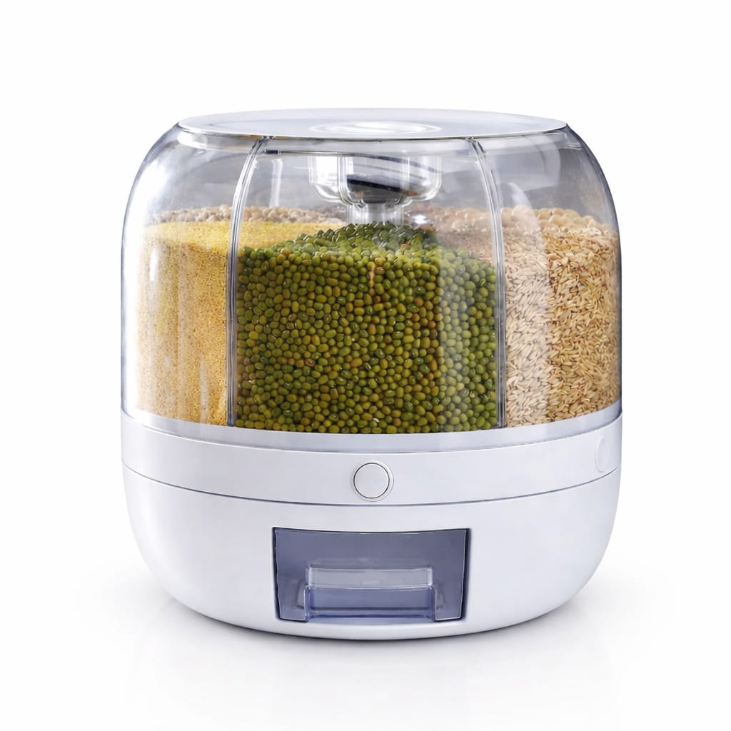 6-Grid Rotating Food Dispenser| Rice Bucket Storage Tank Cereal Dispenser Stackable Containers|One-Click Rice Picking