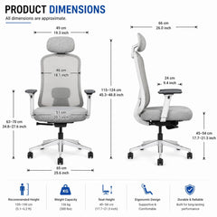 Mesh Ergonomic High Back Desk Chair with 4D Adjustable Armrests & 1D Lumbar Support
