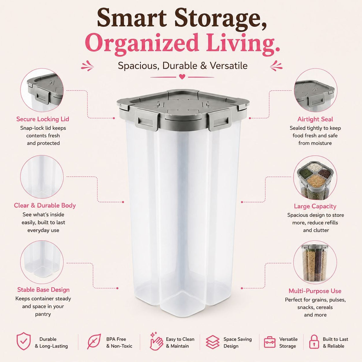 4-in-1 Airtight Food Storage Container – Multi-Compartment Clear Cereal Dispenser