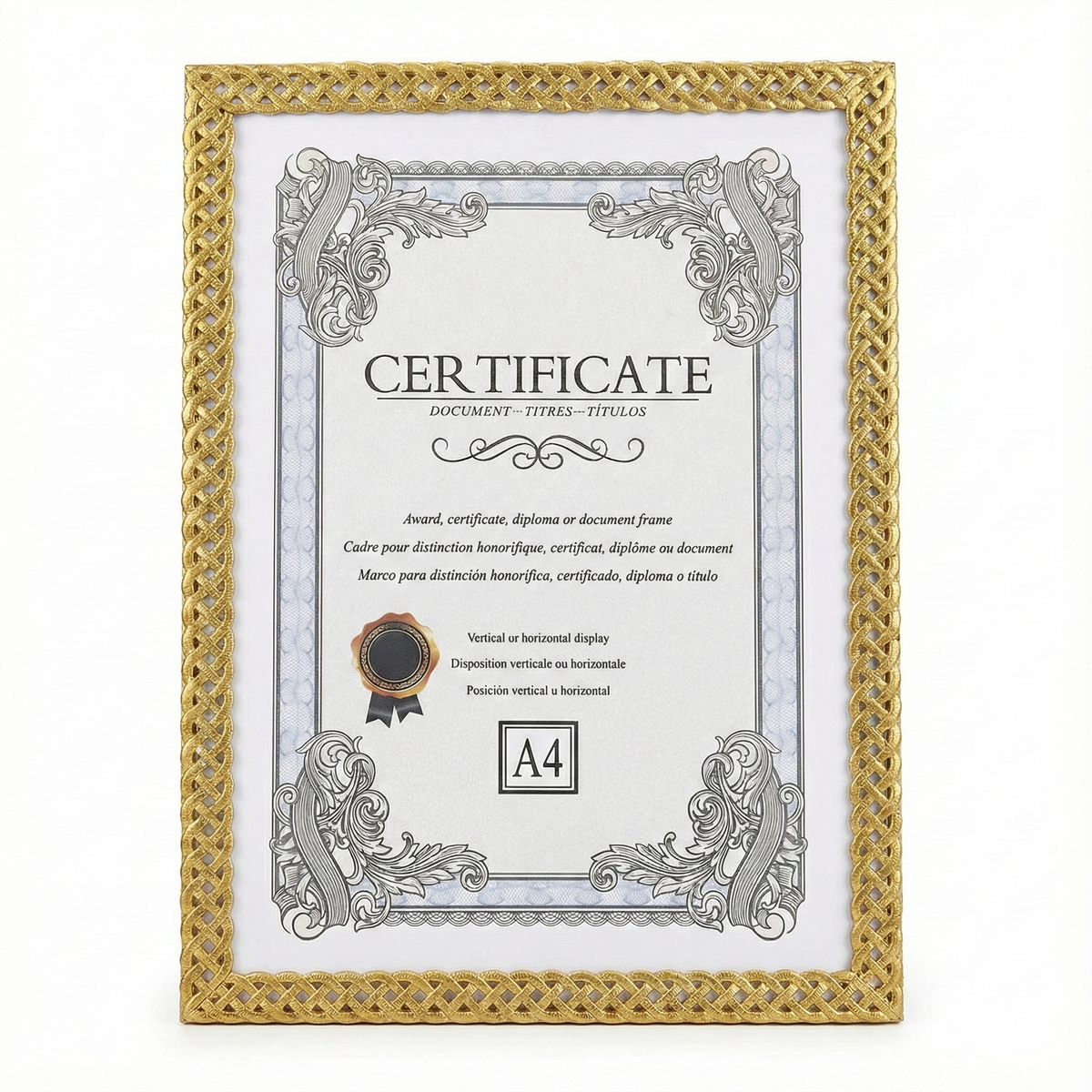 A4 Gold Decorative Certificate Frame – Premium Award, Diploma & Document Display Frame (Vertical & Horizontal)