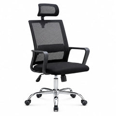 Ergonomic High-Back Mesh Office Chair with Adjustable Headrest and Lumbar Support – Breathable Swivel Executive Desk Chair with Chrome Base and Smooth-Rolling Casters for Home Office, Black