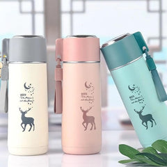 Water Bottle with Handle –Hot & Cold Drinks, Cute Deer Print Thermos Bottle for Kids, Office, School & Travel