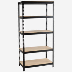 Tall size boltless rack Non laminated| 5-tier metal storage rack| Heavy duty steel shelving unit black mdf shelves.