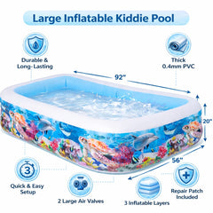 Inflatable Kids Swimming Pool with Ocean Print | Portable Family Outdoor Baby Pool Tub | Thick PVC Air Pool for Garden & Backyard