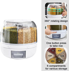 6-Grid Rotating Food Dispenser| Rice Bucket Storage Tank Cereal Dispenser Stackable Containers|One-Click Rice Picking