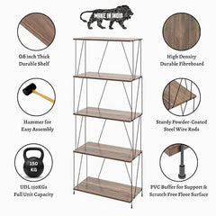 5-Tier Wooden Shelf Wire Rack with Metal Frame – Sturdy Structure & Rustic Wood Shelves for Kitchen, Office, Kids Room, Living Room Storage & Display
