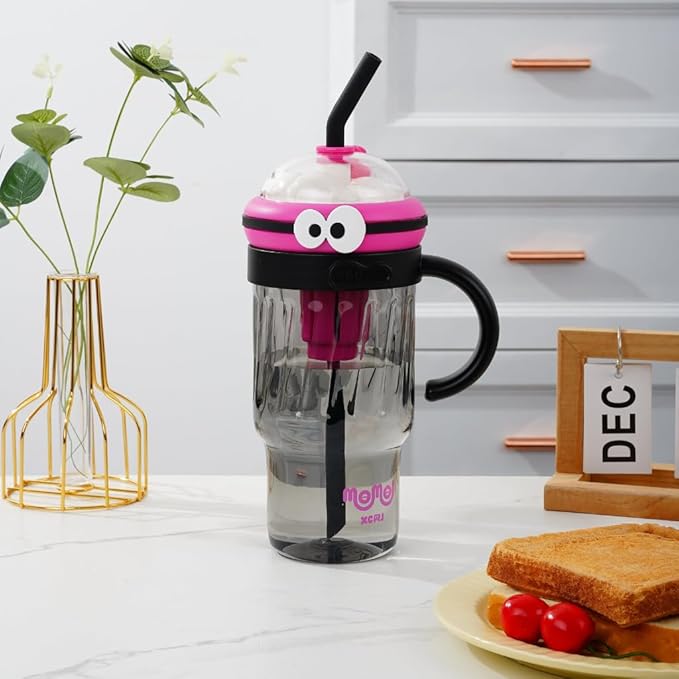 Cute Monster-Themed Drinking Cup with Straw & Handle – 900ml Large Capacity