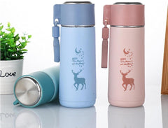 Water Bottle with Handle –Hot & Cold Drinks, Cute Deer Print Thermos Bottle for Kids, Office, School & Travel
