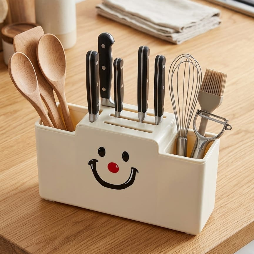 Multipurpose Kitchen Knife Holder & Utensil Organizer – Plastic Storage Caddy with Spoon Holder, Knife Stand & Smiley Design (Countertop Storage Box)
