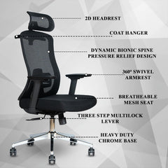 Ergonomic Office High Back Computer Chair Adjustable Lumbar Support & Cushion Seat, 360° Adjustable Armrests, Multi Lock Mechanism, Chrome Base - Black