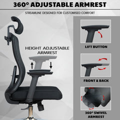 Ergonomic Office High Back Computer Chair Adjustable Lumbar Support & Cushion Seat, 360° Adjustable Armrests, Multi Lock Mechanism, Chrome Base - Black