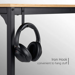 Computer Desk Study Writing Table with 2 Hooks for Home Office, Modern Simple Style PC Desk, Black Metal Frame Laptop Table with Storage Bag
