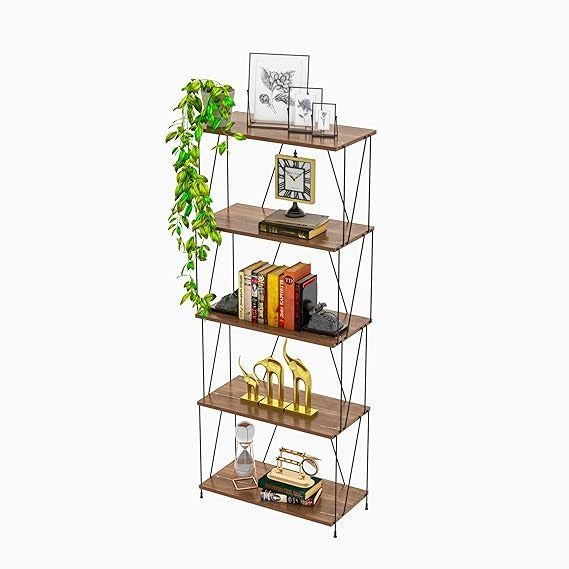 5-Tier Wooden Shelf Wire Rack with Metal Frame – Sturdy Structure & Rustic Wood Shelves for Kitchen, Office, Kids Room, Living Room Storage & Display