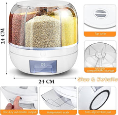 6-Grid Rotating Food Dispenser| Rice Bucket Storage Tank Cereal Dispenser Stackable Containers|One-Click Rice Picking