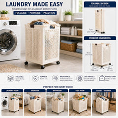 Foldable Laundry Basket with Wheels & Handles