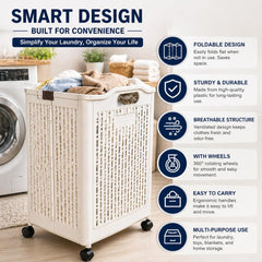 Foldable Laundry Basket with Wheels & Handles