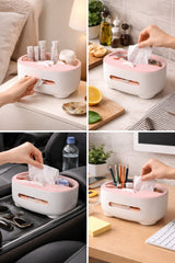 Multi-Functional Tissue Box Cover & Desktop Stationery Organizer – Pink & White