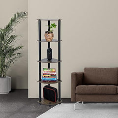 Multipurpose Corner rack| Shelving Unit Turn-N-Tube End Table Corner Display Rack Hallway| Living Room| Metal| Easy Assembly| Space Saving | Industrial Wood (Corner-5)