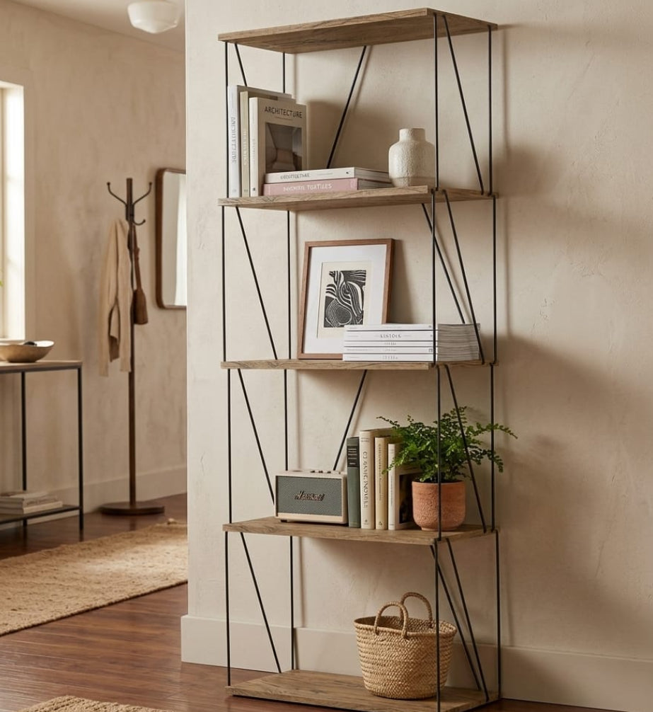 Modern 5-Tier Wooden & Metal Storage Rack | Multi-Purpose Display Shelf for Living Room, Kitchen & Bedroom