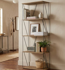 Modern 5-Tier Wooden & Metal Storage Rack | Multi-Purpose Display Shelf for Living Room, Kitchen & Bedroom