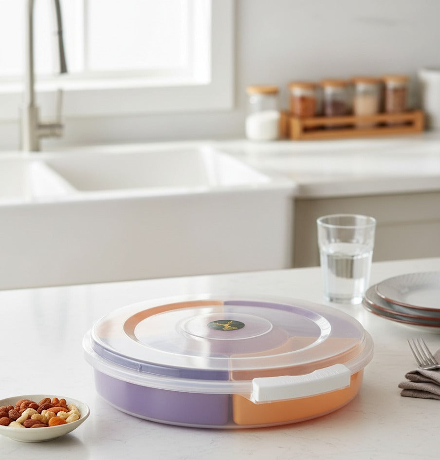 Colorful kitchen container on a white countertop with a sink and window in the background