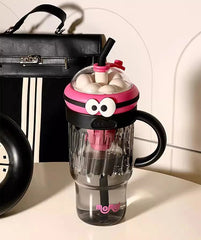 Cute Monster-Themed Drinking Cup with Straw & Handle – 900ml Large Capacity