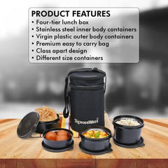 Set of 4 black all in one inner steel outer plastic lunch box
