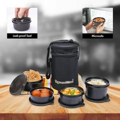 Set of 4 black all in one inner steel outer plastic lunch box
