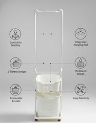 2-Tier Laundry Basket Organizer with Built-in Hanging Clothes Rack – White