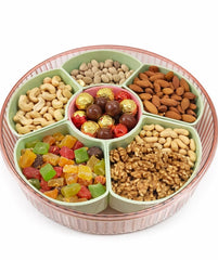 Luxury round dry fruit serving tray with golden horse lid pink transparent divider box.