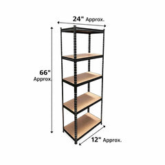Tall size boltless rack Non laminated| 5-tier metal storage rack| Heavy duty steel shelving unit black mdf shelves.