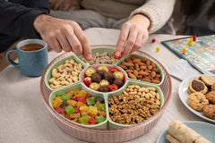 Luxury round dry fruit serving tray with golden horse lid pink transparent divider box.