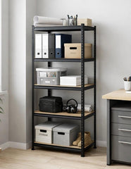 Tall size boltless rack Non laminated| 5-tier metal storage rack| Heavy duty steel shelving unit black mdf shelves.