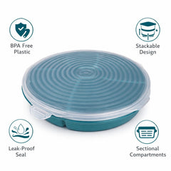 Round multipurpose plastic snack storage box with lid compartment tray blue