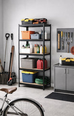 Tall size boltless rack Non laminated| 5-tier metal storage rack| Heavy duty steel shelving unit black mdf shelves.