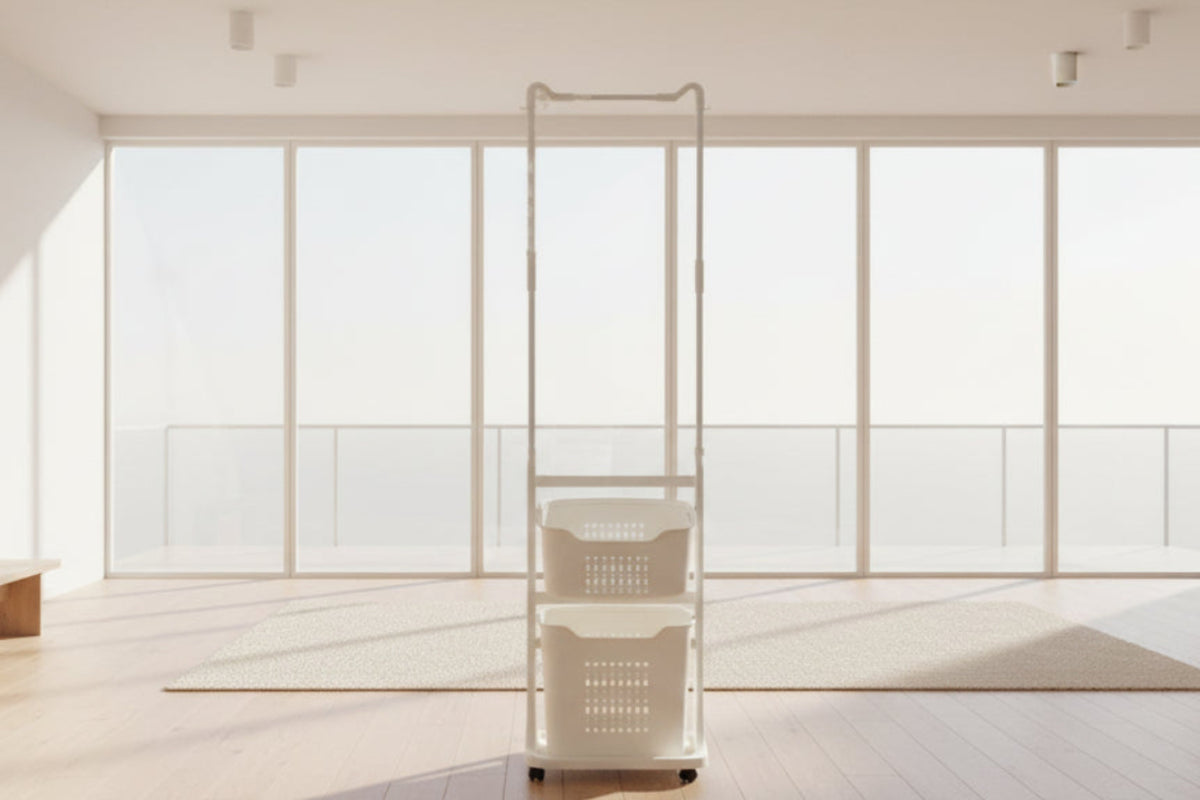 2-Tier Laundry Basket Organizer with Built-in Hanging Clothes Rack – White