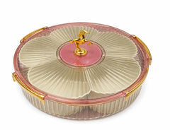 Luxury round dry fruit serving tray with golden horse lid pink transparent divider box.
