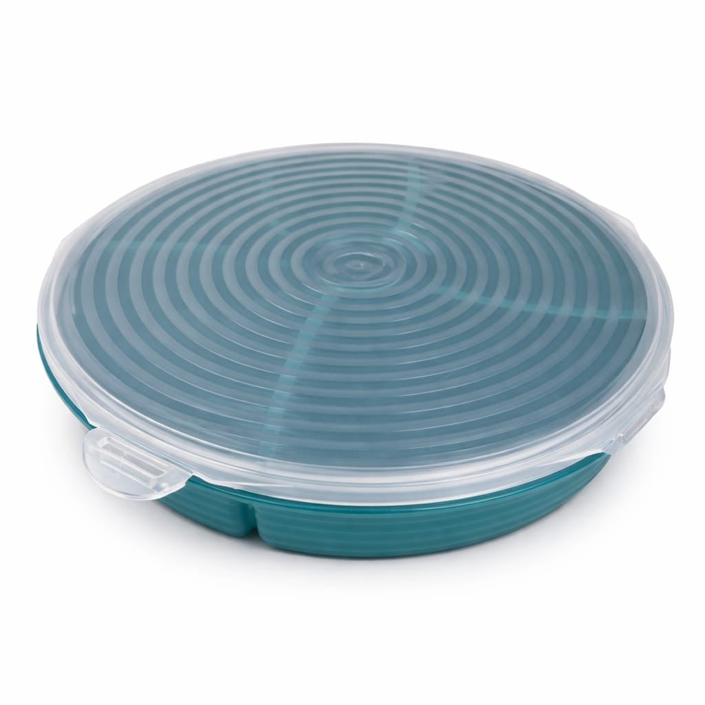Round multipurpose plastic snack storage box with lid compartment tray blue