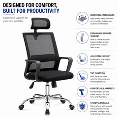 Ergonomic High-Back Mesh Office Chair with Adjustable Headrest and Lumbar Support – Breathable Swivel Executive Desk Chair with Chrome Base and Smooth-Rolling Casters for Home Office, Black