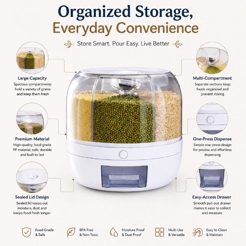 6-Grid Round Food Dispenser | 360° Rotating Food Bucket Transparent Rice Storage Container