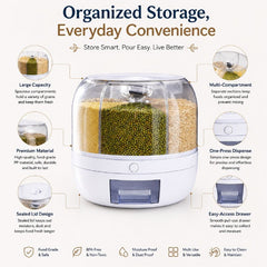 6-Grid Round Food Dispenser | 360° Rotating Food Bucket Transparent Rice Storage Container