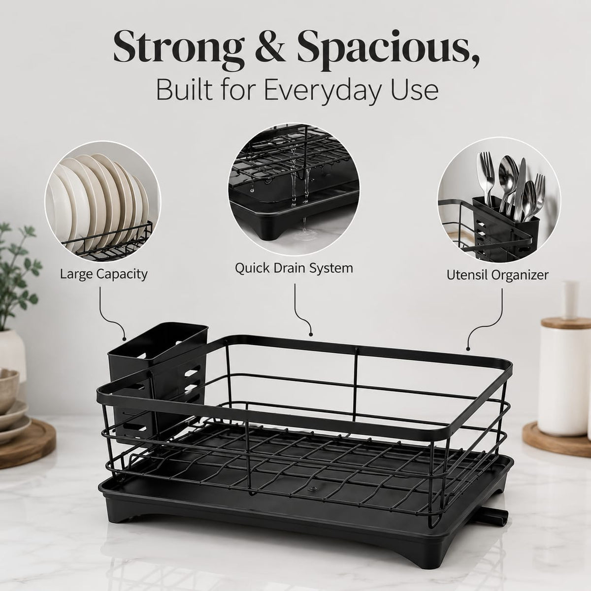 Dish Drying Rack with Drain Tray & Cutlery Holder