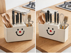 Multipurpose Kitchen Knife Holder & Utensil Organizer – Plastic Storage Caddy with Spoon Holder, Knife Stand & Smiley Design (Countertop Storage Box)