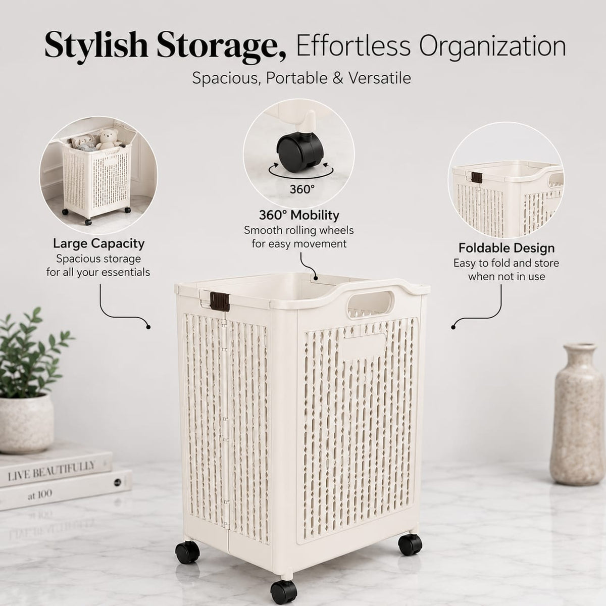 Foldable Laundry Basket with Wheels & Handles