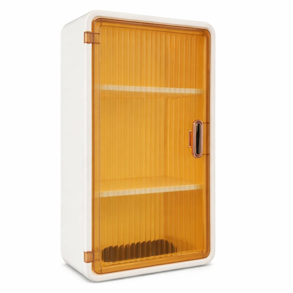 Wall Mounted Plastic Storage Cabinet With Translucent Amber Door.