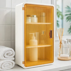 Wall Mounted Plastic Storage Cabinet With Translucent Amber Door.