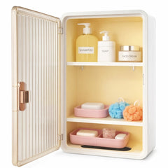 Wall Mounted Plastic Storage Cabinet With Translucent Amber Door.